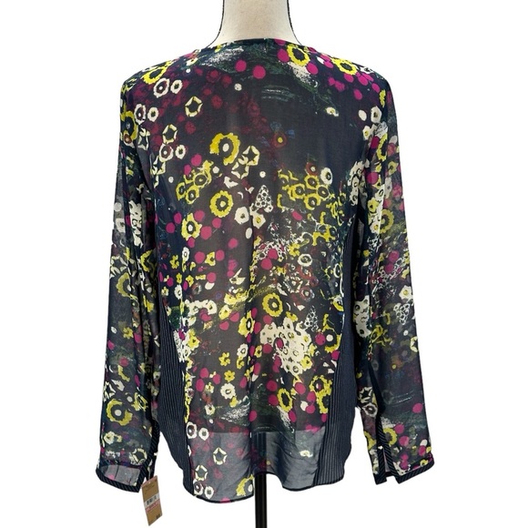 Rachel Rachel Roy Long Sleeve Floral Print Tie V-Neck Sheer Blouse - Blue - 10 - Picture 3 of 9
